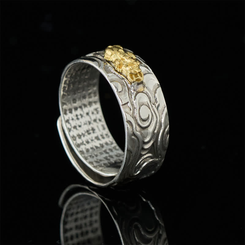 Buddha Stones Bague de richesse ajustable en cuivre Pixiu Heart Sutra - image 1