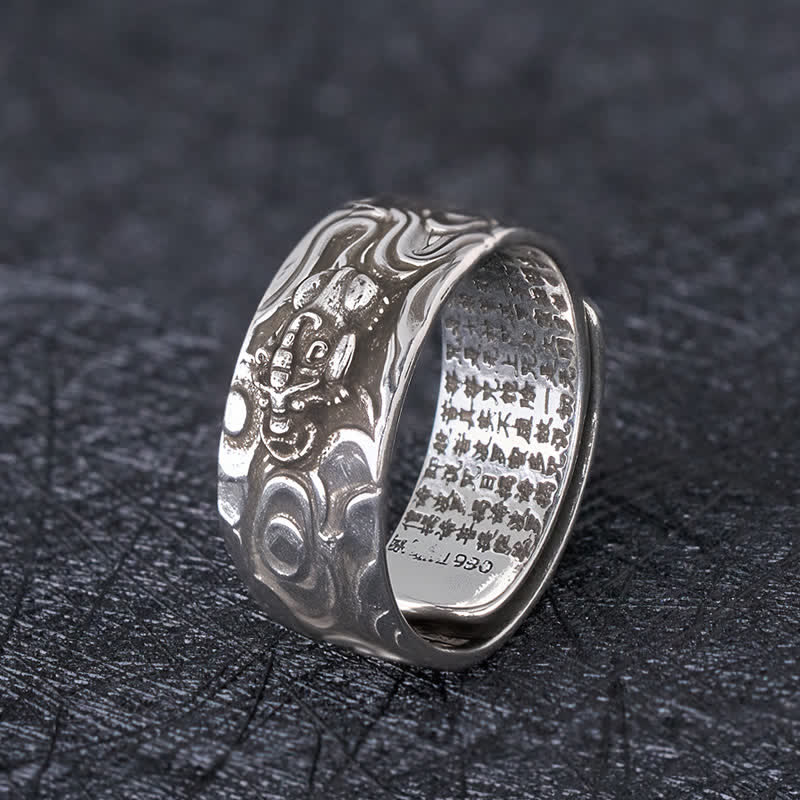 Buddha Stones Bague de richesse ajustable en cuivre Pixiu Heart Sutra - Pixiu argenté - image 7