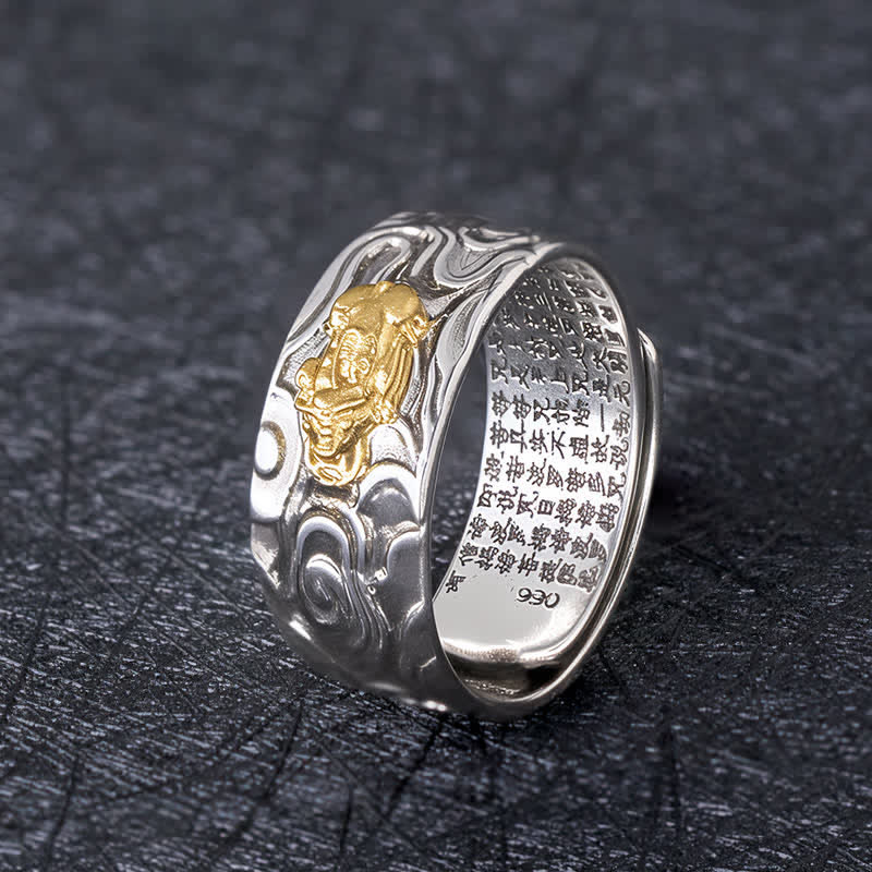 Buddha Stones Bague de richesse ajustable en cuivre Pixiu Heart Sutra - Pixiu doré - image 0