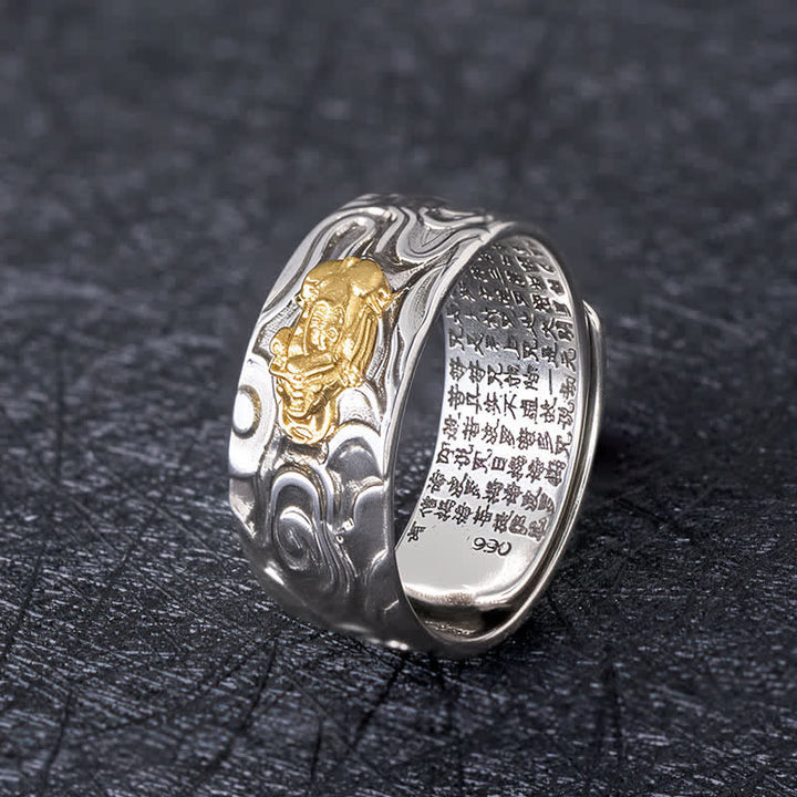 Buddha Stones Bague de richesse ajustable en cuivre Pixiu Heart Sutra - Pixiu doré - image 0