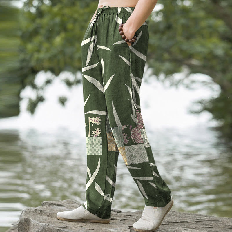 Buddha Stones Pantalon fuselé pour homme en coton à motif patchwork de feuilles de bambou, avec poches - image 1