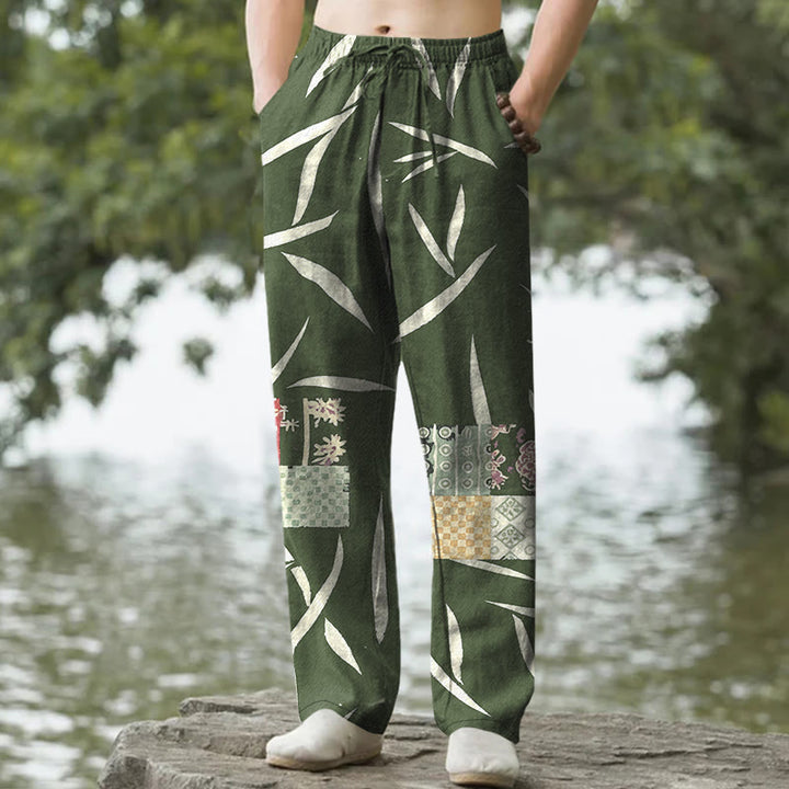 Buddha Stones Pantalon fuselé pour homme en coton à motif patchwork de feuilles de bambou, avec poches - Vert foncé - US/UK/AU50，EU60 (5XL) - image 0