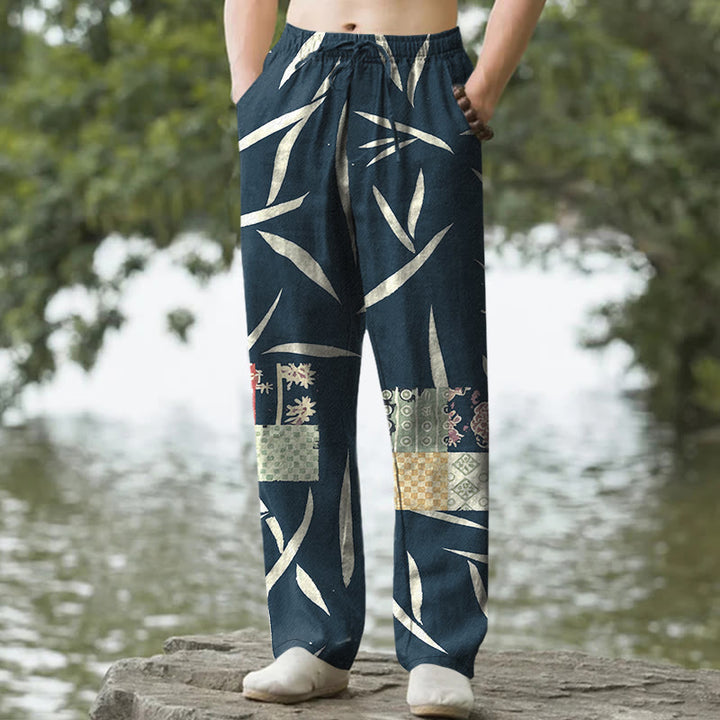 Buddha Stones Pantalon fuselé pour homme en coton à motif patchwork de feuilles de bambou, avec poches - Marine - US/UK/AU50，EU60 (5XL) - image 4