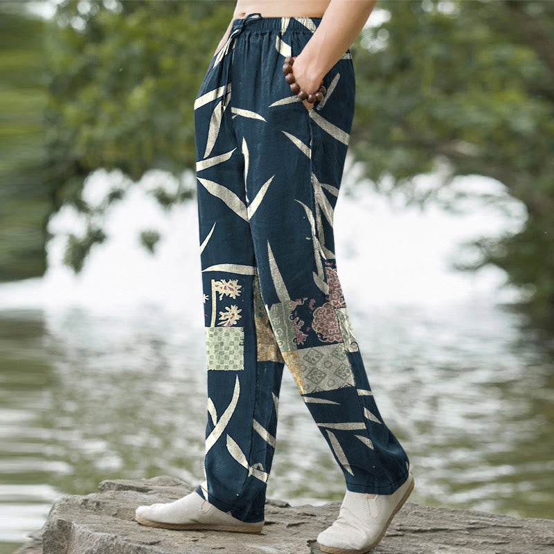 Buddha Stones Pantalon fuselé pour homme en coton à motif patchwork de feuilles de bambou, avec poches - image 5