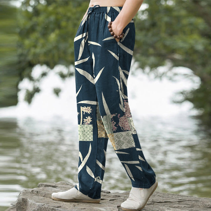Buddha Stones Pantalon fuselé pour homme en coton à motif patchwork de feuilles de bambou, avec poches - image 5