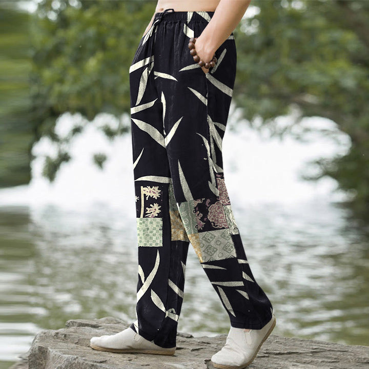 Buddha Stones Pantalon fuselé pour homme en coton à motif patchwork de feuilles de bambou, avec poches - image 7