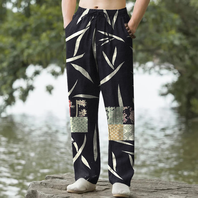 Buddha Stones Pantalon fuselé pour homme en coton à motif patchwork de feuilles de bambou, avec poches - Noir - US/UK/AU50，EU60 (5XL) - image 6
