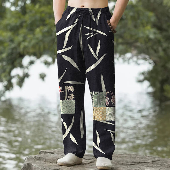 Buddha Stones Pantalon fuselé pour homme en coton à motif patchwork de feuilles de bambou, avec poches - Noir - US/UK/AU50，EU60 (5XL) - image 6