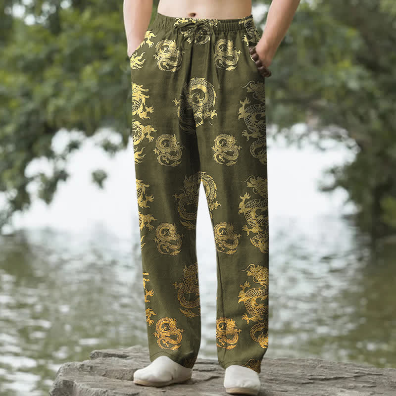 Buddha Stones Pantalon fuselé pour homme en coton à motif dragon doré avec poches - JauneVert - US/UK/AU50，EU60 (5XL) - image 6