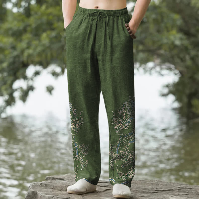 Buddha Stones Pantalon fuselé pour homme en coton à motif de nuages ​​de dragon doré et poches - Vert olive foncé - US/UK/AU50，EU60 (5XL) - image 4