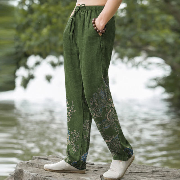 Buddha Stones Pantalon fuselé pour homme en coton à motif de nuages ​​de dragon doré et poches - image 5