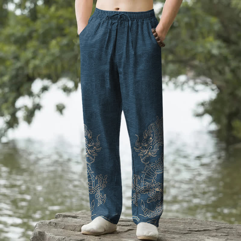 Buddha Stones Pantalon fuselé pour homme en coton à motif de nuages ​​de dragon doré et poches - SteelBlue - US/UK/AU50，EU60 (5XL) - image 6