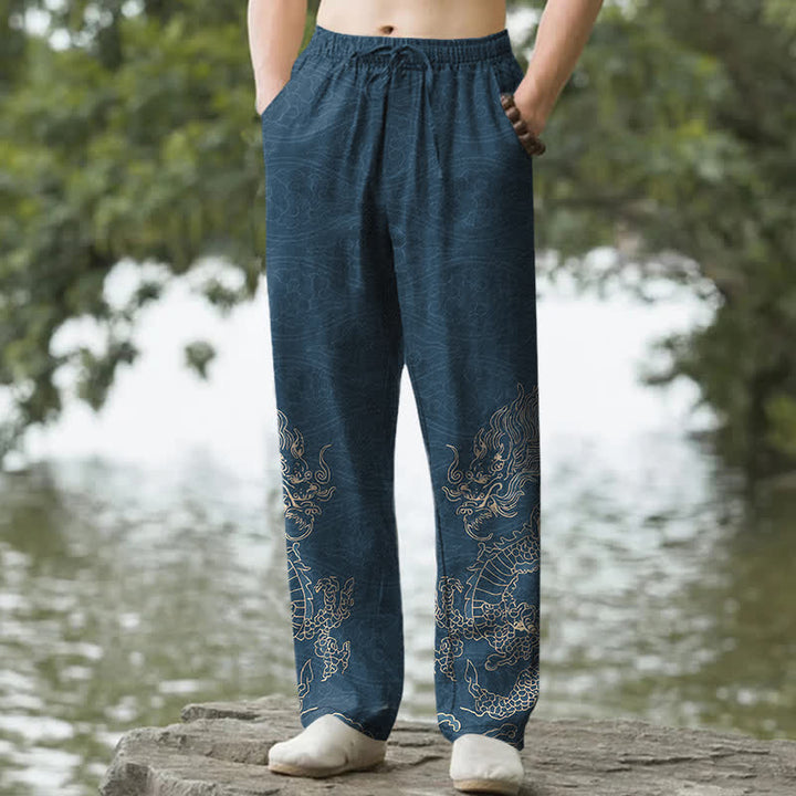 Buddha Stones Pantalon fuselé pour homme en coton à motif de nuages ​​de dragon doré et poches - SteelBlue - US/UK/AU50，EU60 (5XL) - image 6