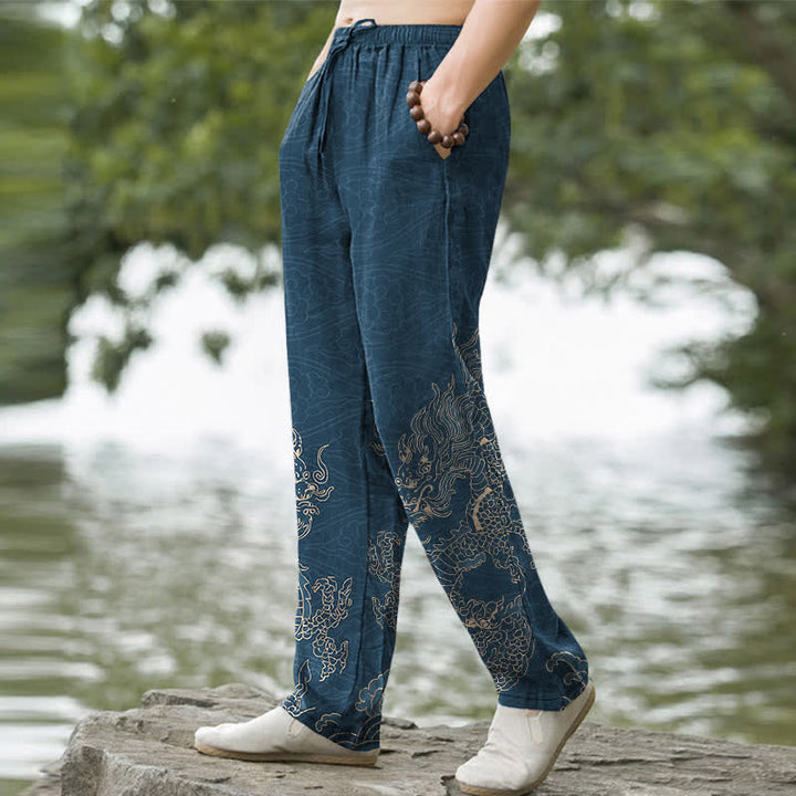 Buddha Stones Pantalon fuselé pour homme en coton à motif de nuages ​​de dragon doré et poches - image 7