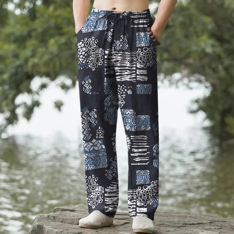 Buddha Stones Pantalon fuselé pour homme en coton à motif patchwork géométrique et poches - Marine - US/UK/AU50，EU60 (5XL) - image 0