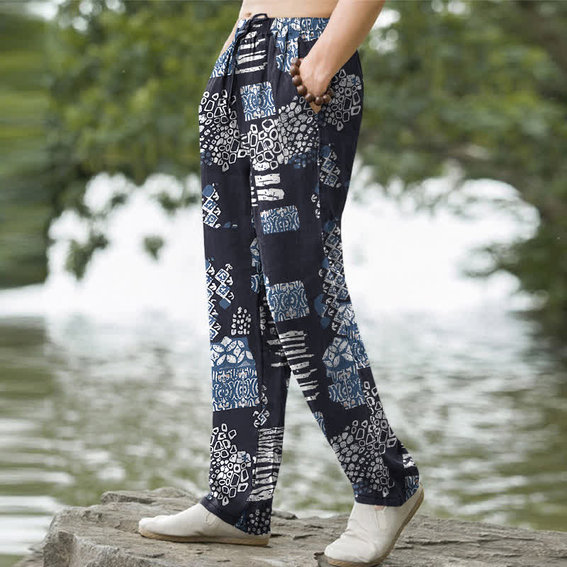 Buddha Stones Pantalon fuselé pour homme en coton à motif patchwork géométrique et poches - image 1
