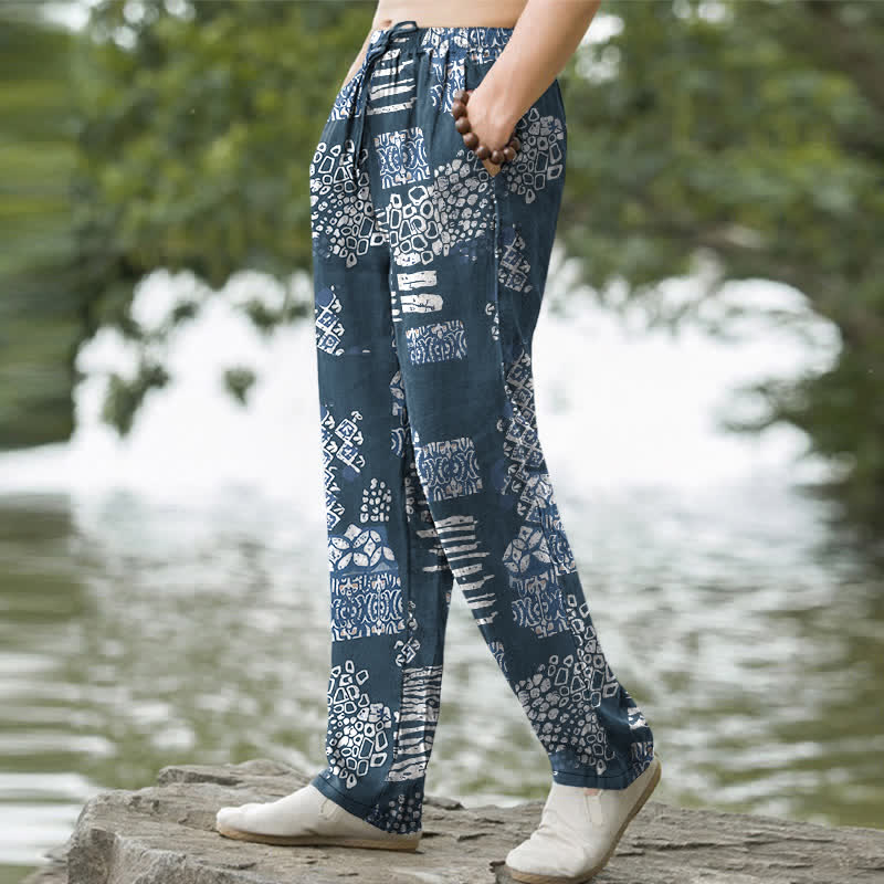 Buddha Stones Pantalon fuselé pour homme en coton à motif patchwork géométrique et poches - image 5