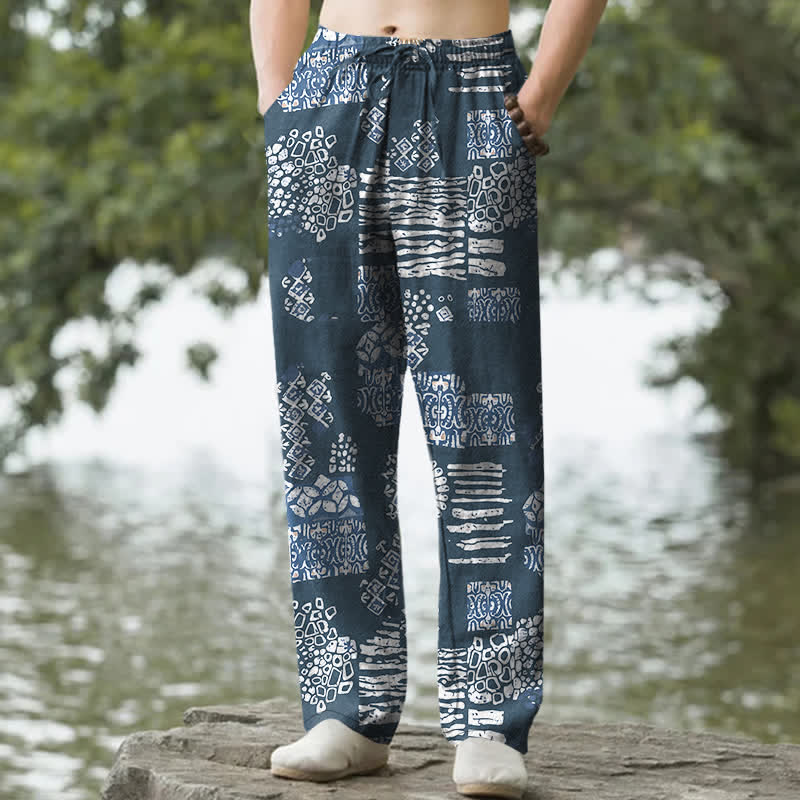 Buddha Stones Pantalon fuselé pour homme en coton à motif patchwork géométrique et poches - SteelBlue - US/UK/AU50，EU60 (5XL) - image 4