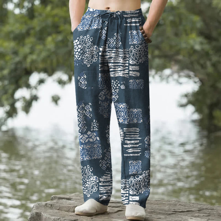 Buddha Stones Pantalon fuselé pour homme en coton à motif patchwork géométrique et poches - SteelBlue - US/UK/AU50，EU60 (5XL) - image 4