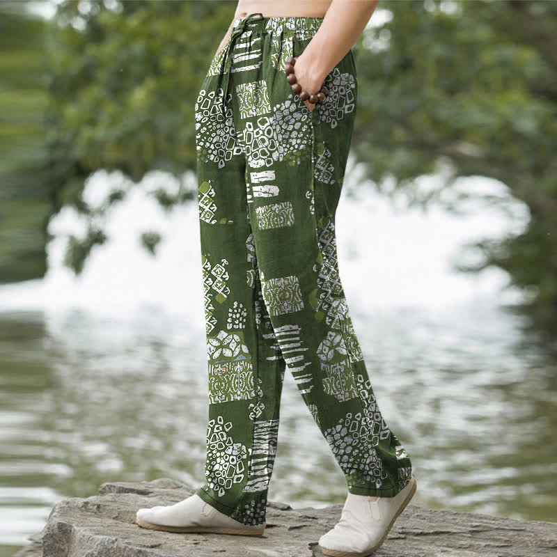 Buddha Stones Pantalon fuselé pour homme en coton à motif patchwork géométrique et poches - image 7