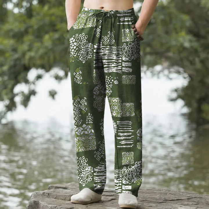 Buddha Stones Pantalon fuselé pour homme en coton à motif patchwork géométrique et poches - Vert olive - US/UK/AU50，EU60 (5XL) - image 6