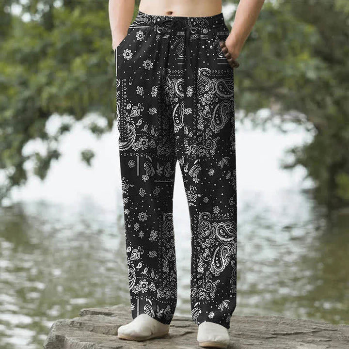 Buddha Stones Pantalon fuselé pour homme en coton à motif cachemire et fleurs de noix de cajou, avec poches - Noir - US/UK/AU50，EU60 (5XL) - image 0