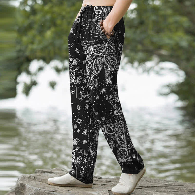 Buddha Stones Pantalon fuselé pour homme en coton à motif cachemire et fleurs de noix de cajou, avec poches - image 1