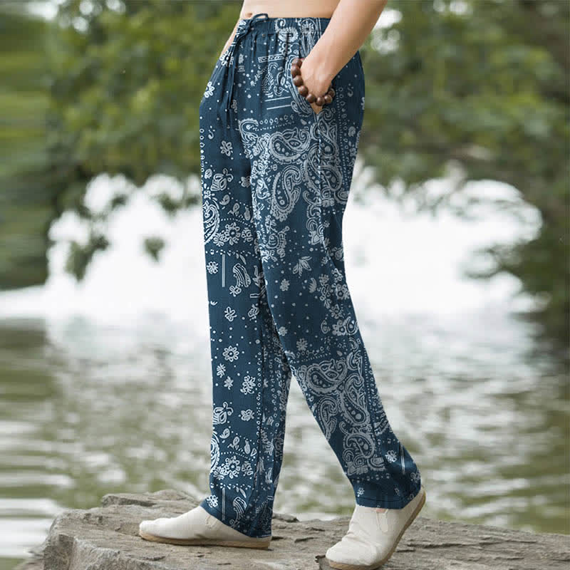 Buddha Stones Pantalon fuselé pour homme en coton à motif cachemire et fleurs de noix de cajou, avec poches - image 5