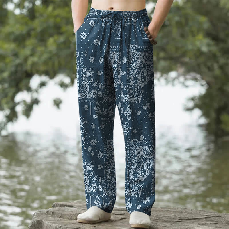 Buddha Stones Pantalon fuselé pour homme en coton à motif cachemire et fleurs de noix de cajou, avec poches - Marine - US/UK/AU50，EU60 (5XL) - image 4