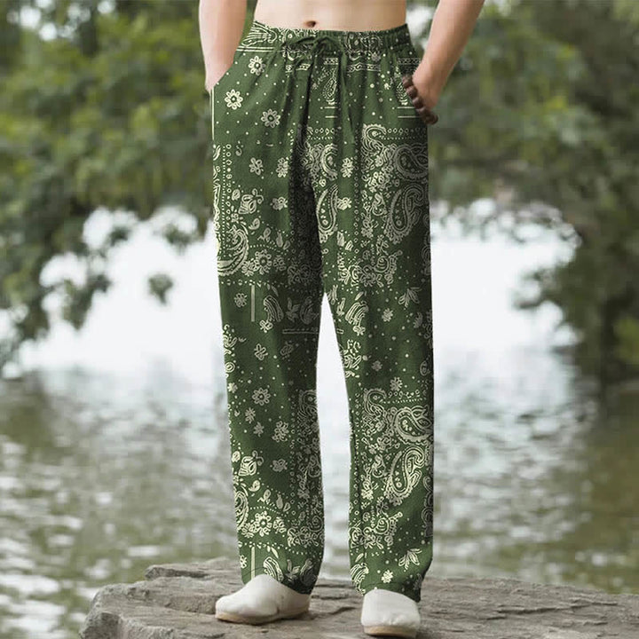 Buddha Stones Pantalon fuselé pour homme en coton à motif cachemire et fleurs de noix de cajou, avec poches - Olive - US/UK/AU50，EU60 (5XL) - image 6
