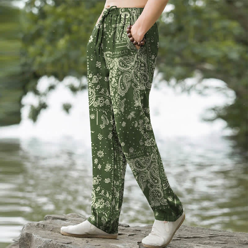 Buddha Stones Pantalon fuselé pour homme en coton à motif cachemire et fleurs de noix de cajou, avec poches - image 7