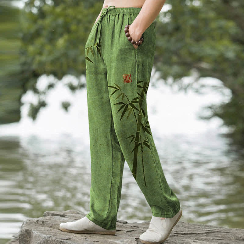 Buddha Stones Pantalon fuselé pour homme avec poches, motif feuilles de bambou en coton - image 1