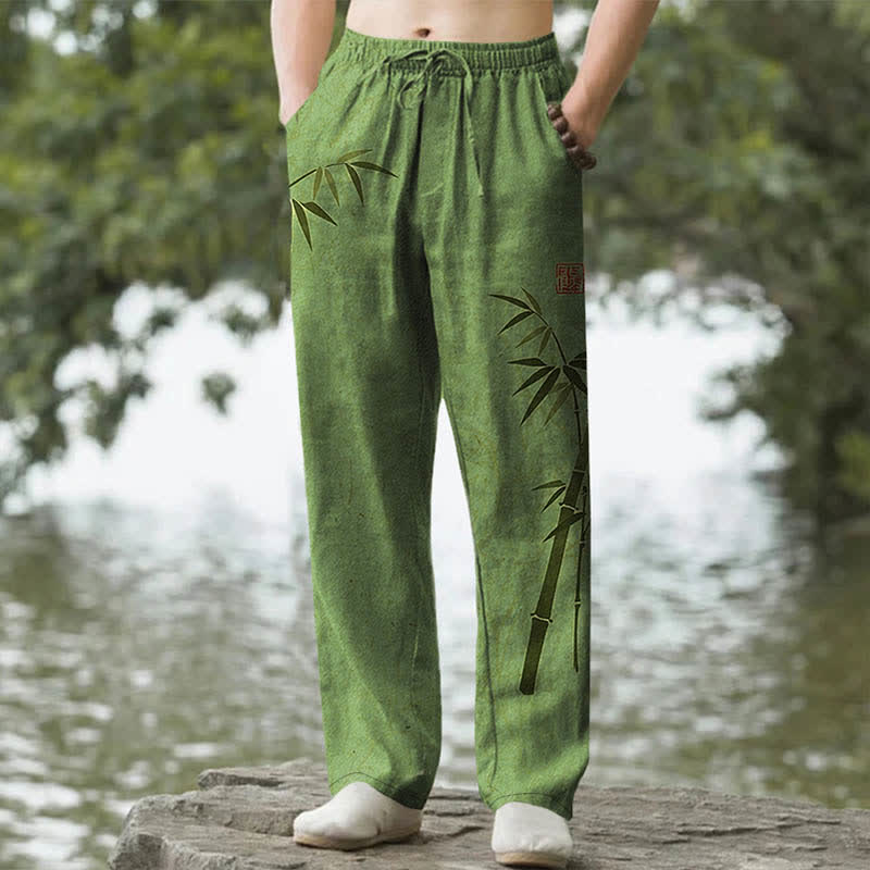 Buddha Stones Pantalon fuselé pour homme avec poches, motif feuilles de bambou en coton - Vert olive - US/UK/AU50，EU60 (5XL) - image 0