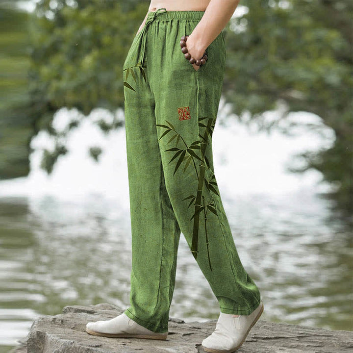 Buddha Stones Pantalon fuselé pour homme avec poches, motif feuilles de bambou en coton - image 1