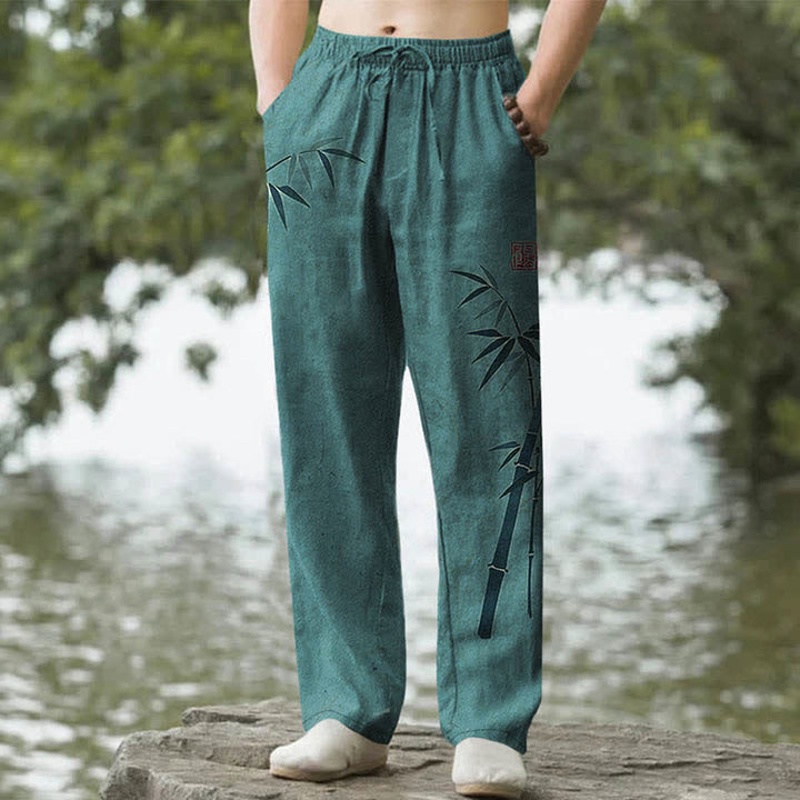 Buddha Stones Pantalon fuselé pour homme avec poches, motif feuilles de bambou en coton - Sarcelle - US/UK/AU50，EU60 (5XL) - image 4