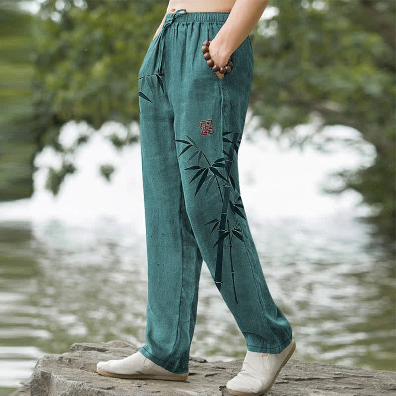Buddha Stones Pantalon fuselé pour homme avec poches, motif feuilles de bambou en coton - image 5