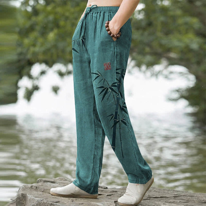 Buddha Stones Pantalon fuselé pour homme avec poches, motif feuilles de bambou en coton - image 5