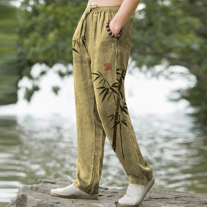Buddha Stones Pantalon fuselé pour homme avec poches, motif feuilles de bambou en coton - image 7