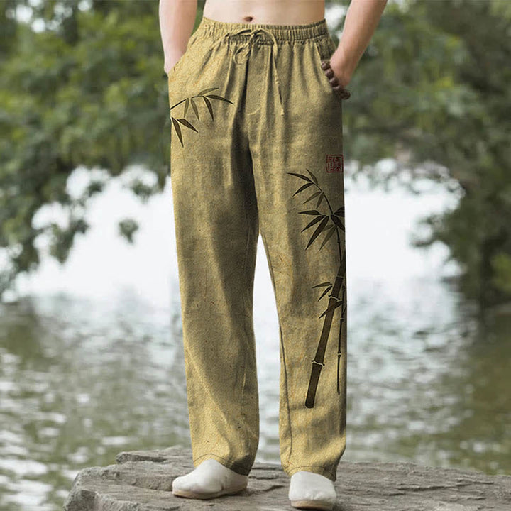 Buddha Stones Pantalon fuselé pour homme avec poches, motif feuilles de bambou en coton - Kaki foncé - US/UK/AU50，EU60 (5XL) - image 6