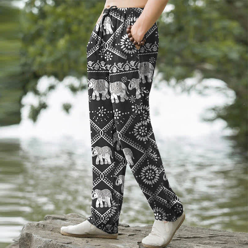 Buddha Stones Pantalon fuselé pour homme en coton à motif mandala d'éléphants et poches - image 1