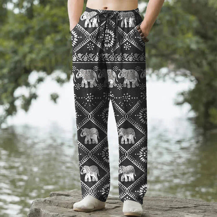 Buddha Stones Pantalon fuselé pour homme en coton à motif mandala d'éléphants et poches - Noir - US/UK/AU50，EU60 (5XL) - image 0