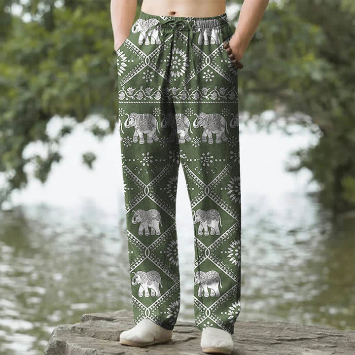 Buddha Stones Pantalon fuselé pour homme en coton à motif mandala d'éléphants et poches - Vert olive - US/UK/AU50，EU60 (5XL) - image 4
