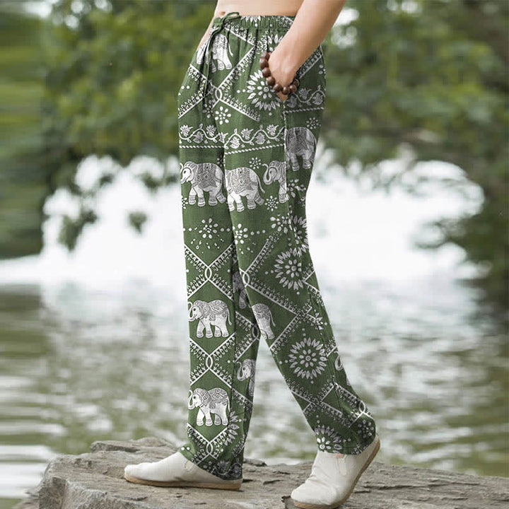 Buddha Stones Pantalon fuselé pour homme en coton à motif mandala d'éléphants et poches - image 5
