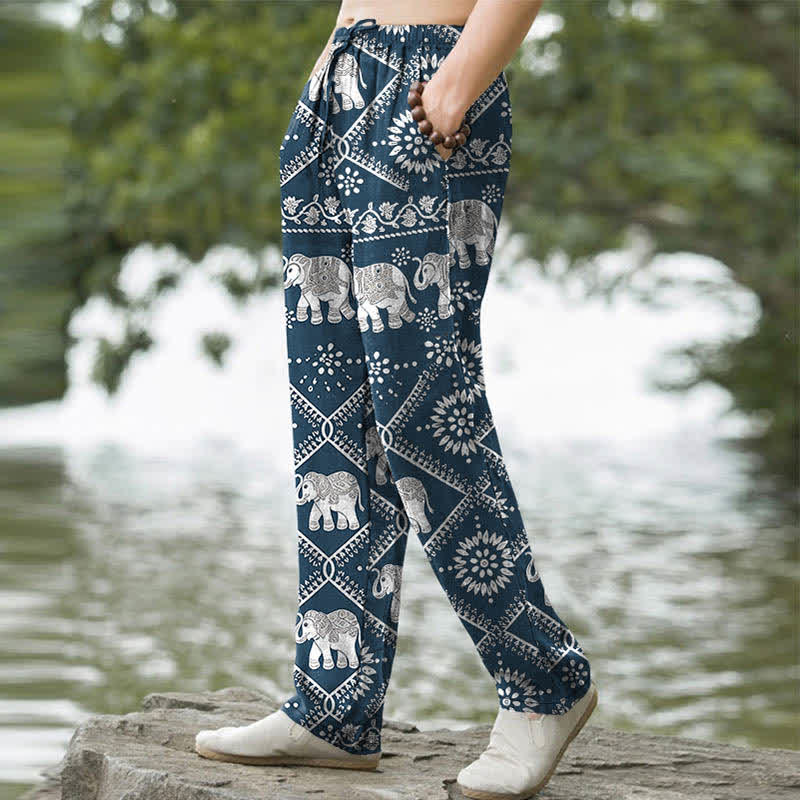 Buddha Stones Pantalon fuselé pour homme en coton à motif mandala d'éléphants et poches - image 7