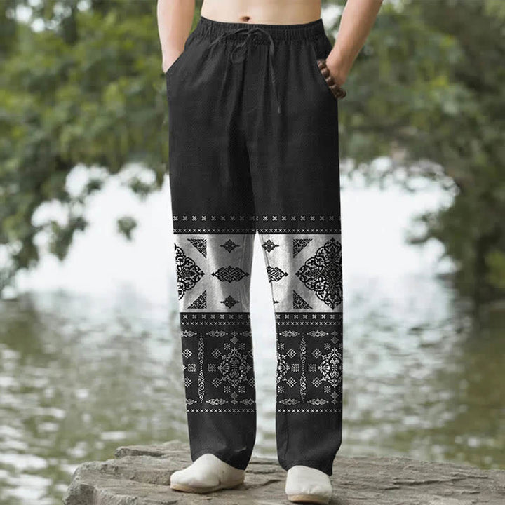 Buddha Stones Pantalon fuselé pour homme en coton à motif mosaïque bandana, avec poches - Noir - US/UK/AU50，EU60 (5XL) - image 0