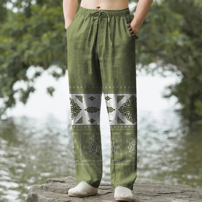 Buddha Stones Pantalon fuselé pour homme en coton à motif mosaïque bandana, avec poches - Vert olive - US/UK/AU50，EU60 (5XL) - image 4