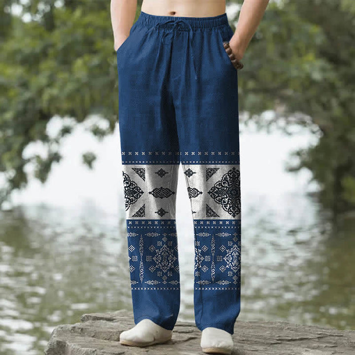 Buddha Stones Pantalon fuselé pour homme en coton à motif mosaïque bandana, avec poches - Marine - US/UK/AU50，EU60 (5XL) - image 6