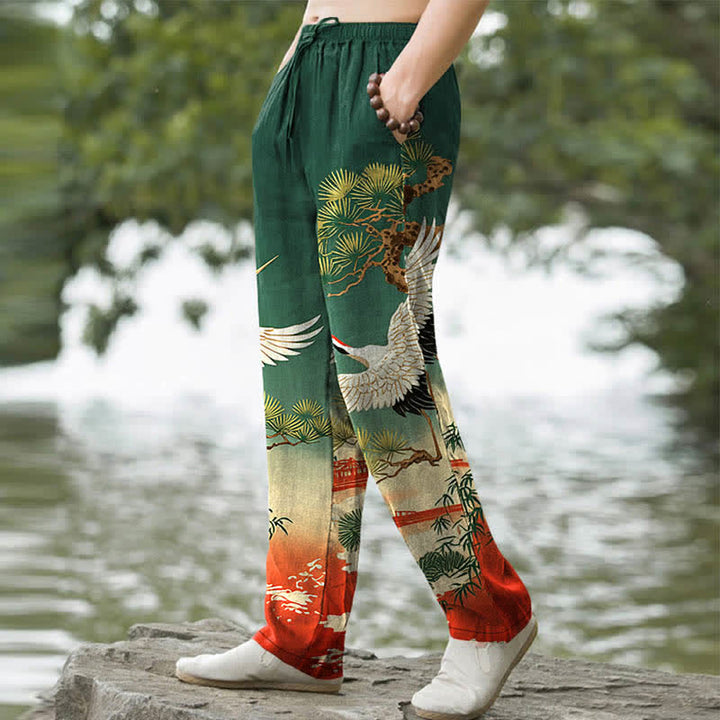 Buddha Stones Pantalon fuselé pour homme avec poches, motif paysage de temple de pin et de grue en coton - image 1