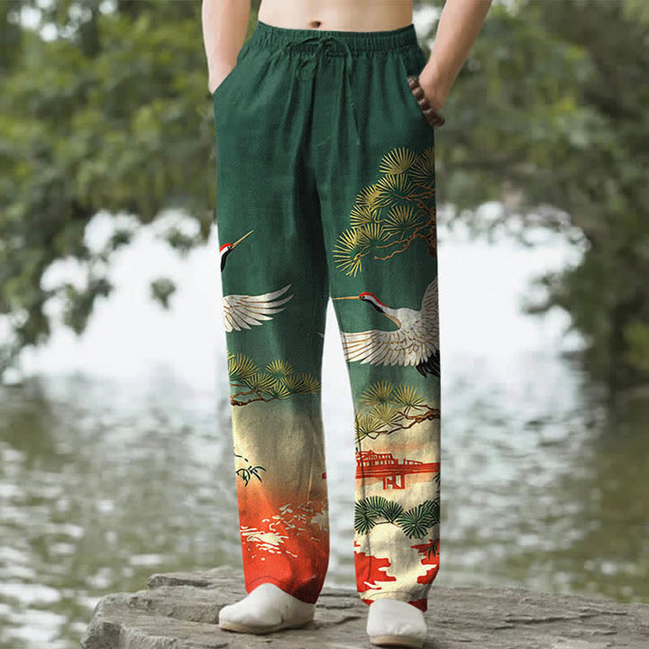 Buddha Stones Pantalon fuselé pour homme avec poches, motif paysage de temple de pin et de grue en coton - Vert forêt - US/UK/AU50，EU60 (5XL) - image 0