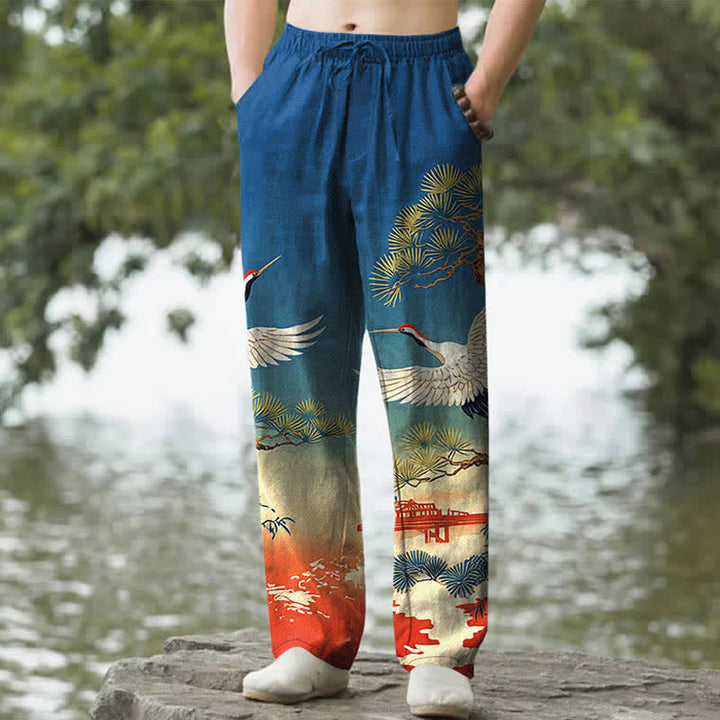 Buddha Stones Pantalon fuselé pour homme avec poches, motif paysage de temple de pin et de grue en coton - Bleu royal - US/UK/AU50，EU60 (5XL) - image 4